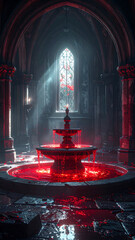 Mysterious Gothic Fountain with Red Liquid in Ancient Chamber.