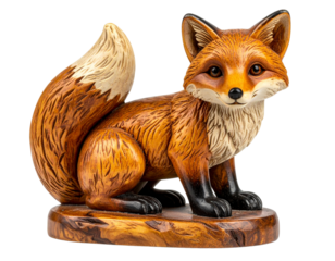 Wooden fox figurine with hand-carved details isolated on transparent background PNG