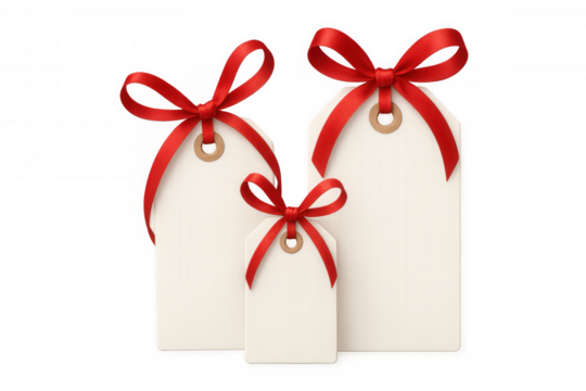 Hanging gift tags with red ribbon bows, blank labels for presents, celebrations, and advertising on transparent background - Powered by Adobe