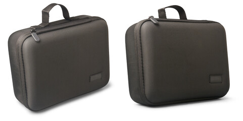 set of black travel bags woven textured material with top handle and zipper closure, modern product bag with blank side label, isolated white background, mock-up template