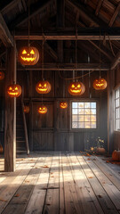 Spooky Halloween Pumpkins Hanging Inside Old Barn.