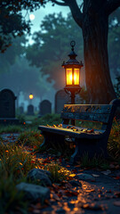 Mysterious Cemetery Lantern Bench at Night.