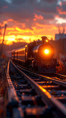 Vintage Train Traveling on Tracks During a Vibrant Sunset.