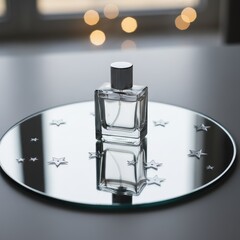 Elegant perfume bottle on mirror with stars and bokeh lights