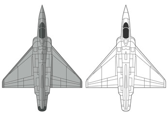 Set dassault mirage 2000 military aircraft design in line art and colored style from top view. Vector illustrations colorful fighter jet from europe. Outline drawing france powerful combat aircraft.