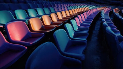 Fototapeta premium Empty Theater Seats - Vivid Colors, Rows of Seating, Dramatic Lighting, Auditorium Interior.