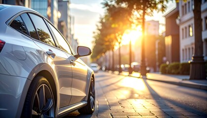An elegant car rests on a sunlit city street, bathed in the warm, radiant glow of a beautiful sunrise or sunset, evoking a sense of urban tranquility and modern design