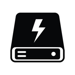 Black External Hard Drive Icon with Lightning Bolt on White Background Keywords: hard drive, external, storage, data
