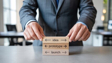 Professional businessman building business strategy with idea prototype launch blocks in modern workspace
