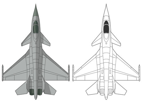 Set chengdu j-10 military aircraft design in line art and colored style from top view. Vector illustrations colorful j16 fighter jet. Outline drawing modern chinese combat aircraft.