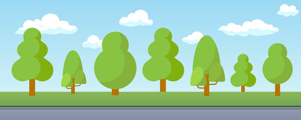 Flat cartoon illustration of a natural landscape with green trees, grass, blue sky, white clouds, and a road. Perfect for 2D game backgrounds, banners, posters, animations, presentations, and c