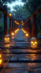 Spooky Halloween bridge with skull lanterns and fairy lights in a forest.