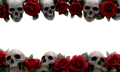 Fototapeta premium Gothic Border of Skulls and Roses for Halloween Decorations Isolate on Transparent Background, cutout, png