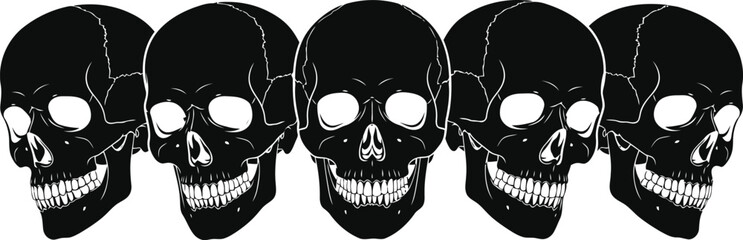 Fototapeta premium Five Black Human Skull Silhouettes in a Row on White Background Keywords: skulls, human skull, skeleton, death, danger
