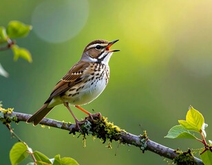 A small songbird perched on a branch, singing