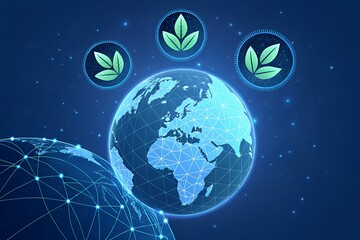 Eco-Connected Earth: Glowing Blue Global Network with Green Leaf Icons and Digital Planet Overlay on Dark Background