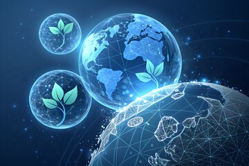 Eco-Connected Earth: Glowing Blue Global Network with Green Leaf Icons and Digital Planet Overlay on Dark Background