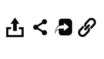 Set of Four Black Digital Interface Icons Upload Share Link And Arrow Keywords: upload icon, share icon, link icon, arrow icon