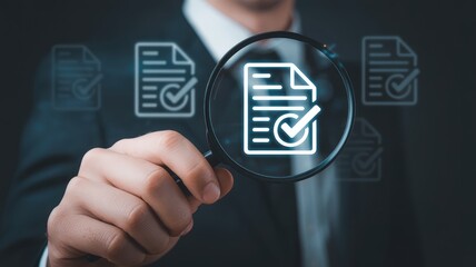 Verify documents for compliance with a magnifying glass, showing approved documentation and quality assurance
