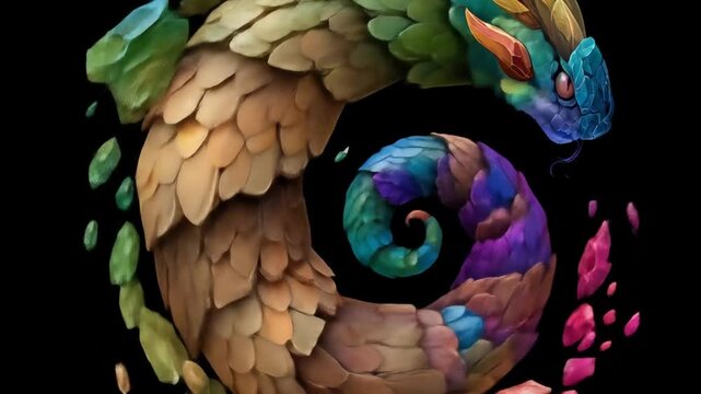 Colorful illustration of a stylized snake on black background