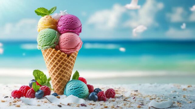 Scoops of fruity ice cream by the sea

