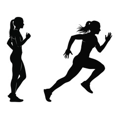 Silhouettes of two women running in different poses on a white background woman athlete