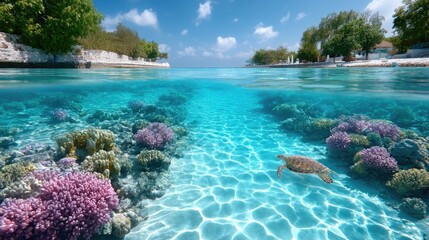Underwater Paradise Diver Swimming with Sea Turtle Among Coral Reefs in Turquoise Water Tropical Island Backdrop Under Bright Sunlight