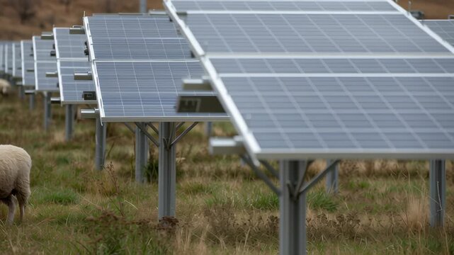 Agrivoltaic field solar panel sheep grazing pasture grass renewable energy rural farm sustainable power scene in calm harmony under soft light
