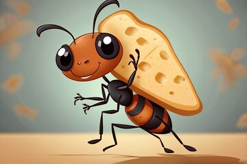 Happy cartoon ant carrying bread slices