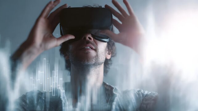 A man immerses himself in a virtual reality experience with futuristic data visualizations appearing around him