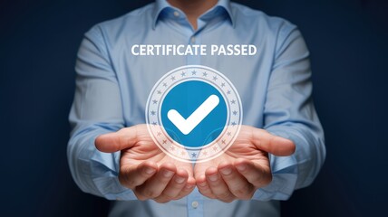 Certificate passed, man presents validation in hands, successful exam concept, verification complete