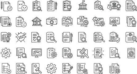 Outline Business Workflow, Quality Control, and Compliance Vector Icons Set, SEO Optimized Collection for Auditing, Management, Process, 