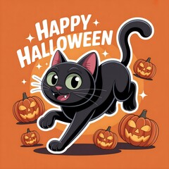 Cute Black Cat with Pumpkins &ndash; Happy Halloween Cartoon