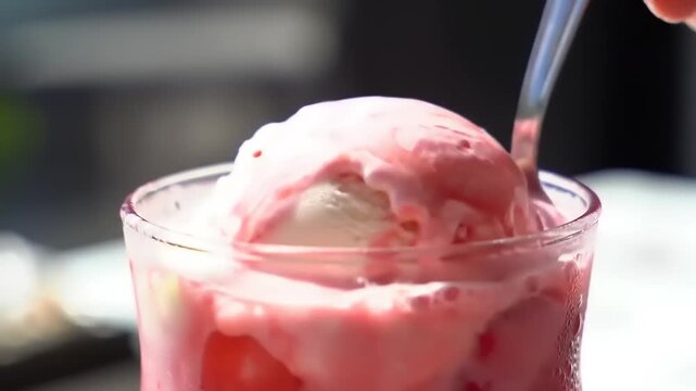 Close-up of a refreshing strawberry ice cream float with creamy vanilla scoops