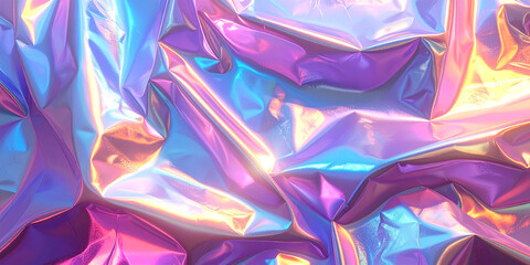 Abstract, iridescent fabric with folds and highlights creating a colorful, reflective surface.