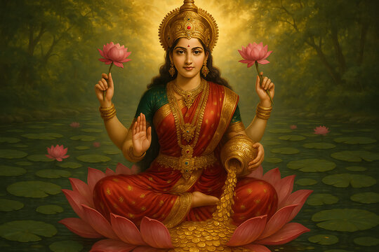 Goddess lakshmi in deep red saree seated on a lotus in a forest setting pouring gold coins from a pot for prosperity and laxmi puja