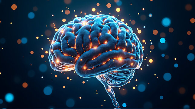 Artificial intelligence brain formed by glowing fiber optic cables, blue and gold color scheme, sci-fi abstract design