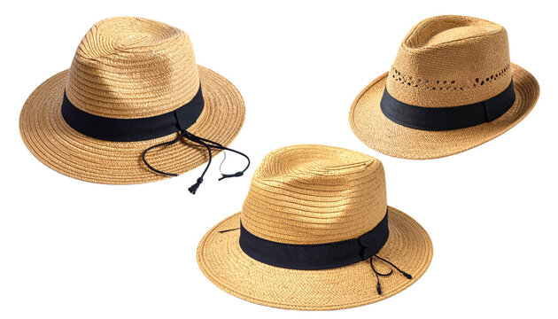 Straw fedora hats with black ribbon bands and drawstrings, perfect for summer fashion and sun protection