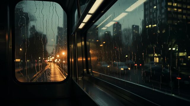 Rain night city lights urban transit window view motion blur melancholy mood modern train wet glass city street commute subway metro
