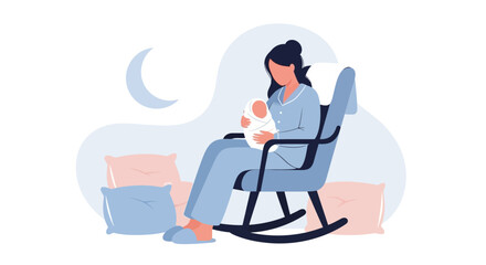 Mother holding newborn baby in rocking chair, serene scene depicting the tender moment