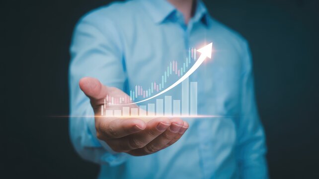 Confident businessman showcasing upward financial growth chart with rising arrow for success and profit - Powered by Adobe