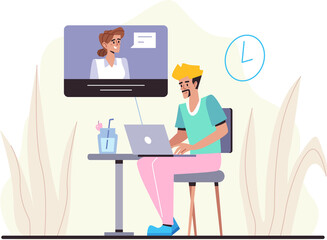 Man in Green Top Working on Laptop with Woman on Screen and Clock Icon Illustration Transparent Background