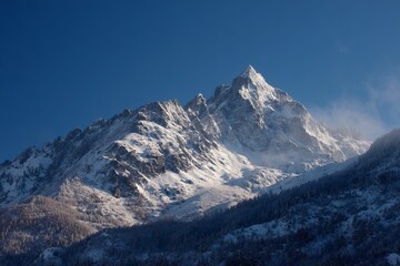Obraz premium Snow covered rocky mountain peak with forest at base under clear sky