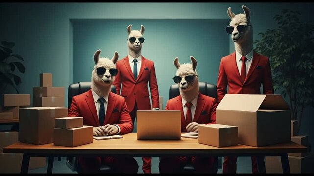 Llama Business Team in Red Suits Meeting with Cardboard Boxes and Laptop Concept