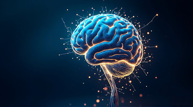Artificial intelligence brain formed by glowing fiber optic cables, blue and gold color scheme, sci-fi abstract design