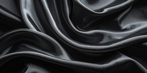 Opulent and Luxurious Black Silk Fabric Draped with Graceful Folds, Creating a Rich, Shimmering Texture Ideal for Elegant Backgrounds and Design Elements