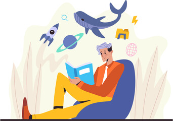 Man reading book with thoughts of space objects and aquatic creature vector design on transparent background