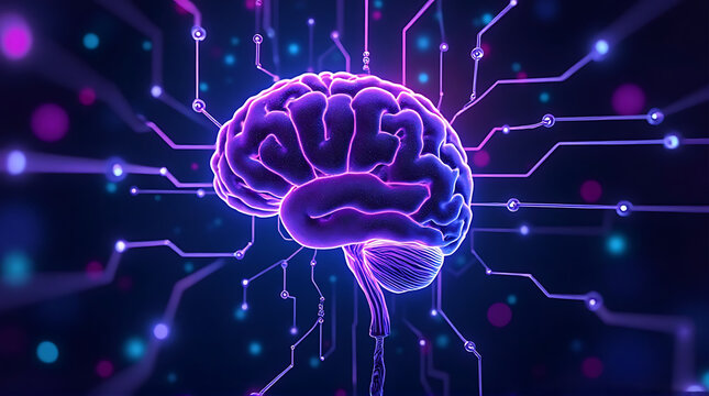 AI brain network glowing with neon purple and cyan lights, abstract cyberpunk tech background, ultra photorealistic