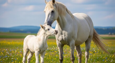 Obraz premium White Mare and Foal Bonding in a Meadow, Sunny Day, Spring