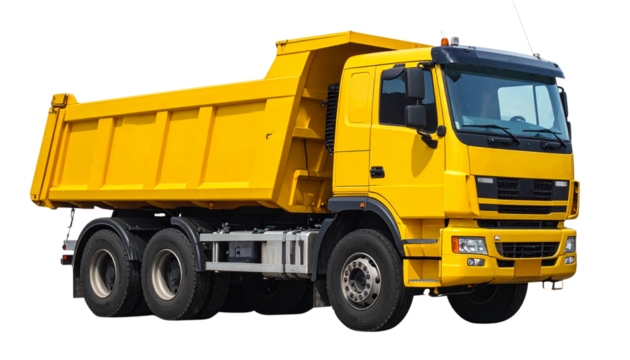Vibrant yellow heavy-duty dump truck, a powerful industrial vehicle, poised for construction, excavation, and material transport, isolated on a clean white background